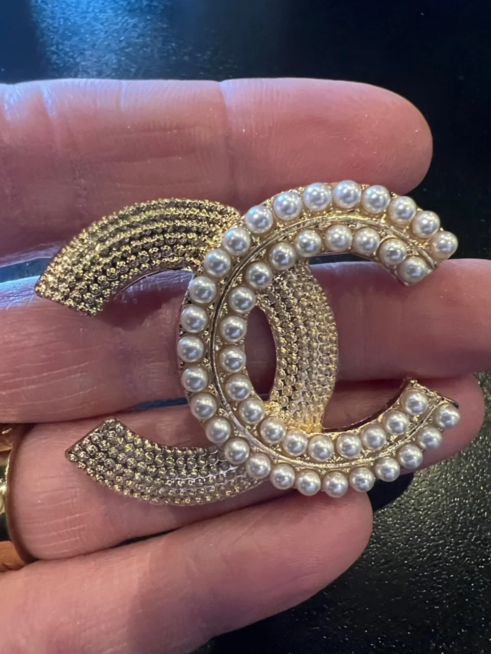 CHANEL Gold-Tone Double C Brooch with Pearl Trim - Picture 2 of 5